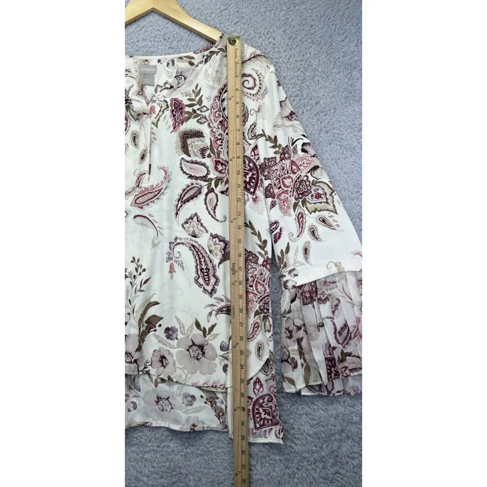 Chicos Womens 2 L Floral Paisley Tunic Top Beige Pink V Neck Bell Sleeve Boho